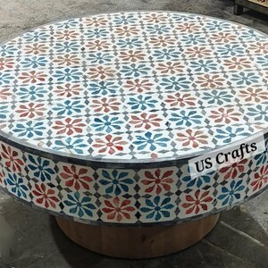 Handmade Tricolor Bone Inlay floral coffee table, Bone inlay Center Table, Bone Inlay Round Table, Living room furniture