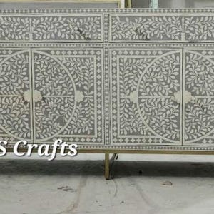 Bone Inlay floral Design Buffet Table Grey, Bone Inlay floral Design Cabinet Table, Bone Inlay Storage Unit