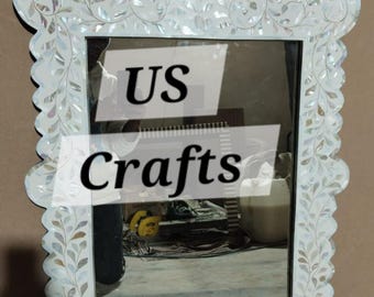 Handmade Mother of Pearl Inlay Mirror Frame with Free Mirror, Mother of Pearl Inlay  Scalloped Wall Mirror Frame