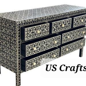 Bone Inlay Floral Design 7 Drawers Chest Black, Bone Inlay Floral Design 7 Drawers Dresser Table Black, Bone Inlay Storage Unit