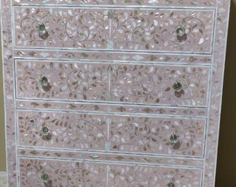 Mother of pearl Inlay tallboy dresser, Mother of pearl chest of 5 drawers, Mother of pearl Dresser, Living room furniture
