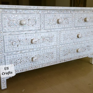 Mother of Pearl Inlay 7 Drawer Dresser White, Mother of Pearl chest of Drawer,White,Livingroom Furniture