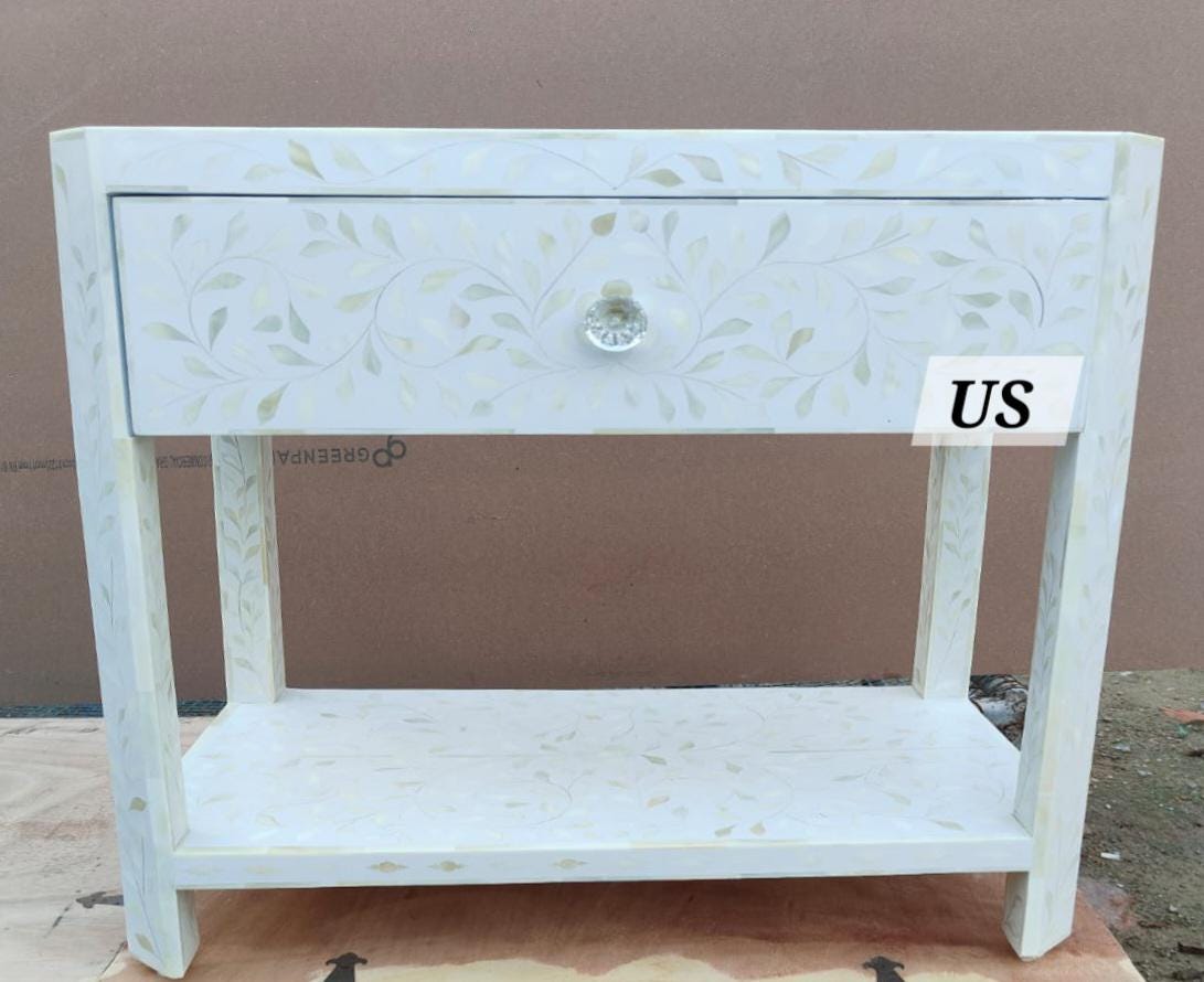 象嵌ベッドサイドテーブル② 骨象嵌ベッドサイドテーブル（棚付き）ブルー、骨象嵌ナイトスタンド