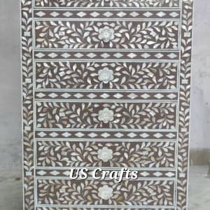 Mother Of Pearl Floral Tallboy dresser warm stone color ,Mother of pearl inlay Chest of 6 drawers warm stone color , Livingroom Furniture