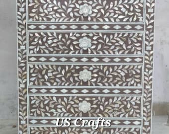 Mother Of Pearl Floral Tallboy dresser warm stone color ,Mother of pearl inlay Chest of 6 drawers warm stone color , Livingroom Furniture