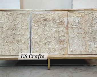 Handmade Mango Wood Carving Madia Cabinet, Carved Mango Wood TV Console – Handmade Entertainment Cabinet, Solid Wood Media Stand