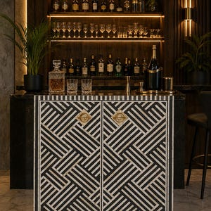 May include: A rectangular bar cabinet featuring a black and white geometric inlay pattern on two doors with gold-toned circular hardware. The cabinet stands on four tapered gold-toned legs and is positioned in front of a dark wood home bar setup.