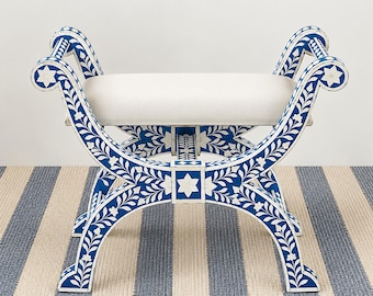Bone Inlay floral Ottoman chair Blue, Bone inlay Roman Stool Blue, Bone inlay roman Chair Blue, Bone inlay furniture, Livingroom Furniture