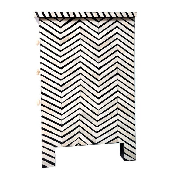 Bone Inlay Bedside Tablebone Chevron Pattern New Zealand Bone Inlay Bedside Tablebone, Noire Bone Inlay White And Black Side Tablecloth