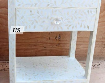 Bone Inlay Bedside Table With Shelf Blue, Bone Inlay Nightstand Table With Shelf White, Bone Inlay Storage Unit