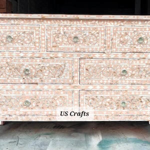 Mother of Pearl Inlay Floral Design Chest of 7 Drawers Pink, Mother of Pearl Inlay Floral Design Dresser Pink , MOP Storage Unit