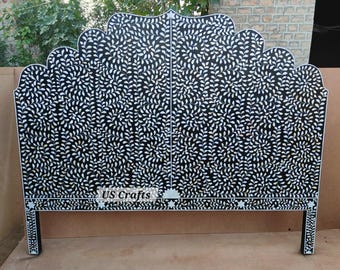 Mother of pearl inlay Black floral pattern Bed Headboard , Handmade King & Queen Bed Head, Vintage Furniture, Bone inlay bedroom furniture