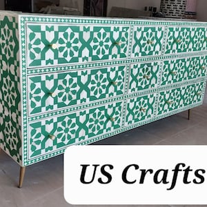 Bone Inlay 9 Chest of  Drawers Green, Bone Inlay Geometric Design 9 Drawers Dresser Table, Storage Unit