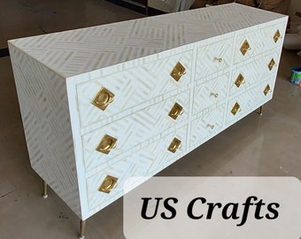 Bone Inlay Optical Design chest of 9 drawers White, Bone Inlay Optical Design 9 Drawers Dresser Table, Bone inlay sideboard, Storage Unit