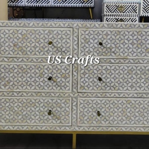 Bone inlay eye design Sideboard grey, Bone inlay chest of 6 drawers, Bone inlay dresser grey, Bone Inlay Storage Unit