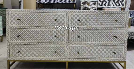 grey bone inlay dresser Handcrafted Grey Bone Inlay Dresser | Floral Vine Chest of Drawers