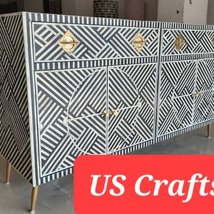 Bone inlay Scroll vine design buffet Black, Bone inlay scroll vine sideboard black, Bone inlay optical pattern console Dresser Black