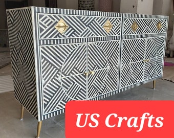 Bone inlay Scroll vine design buffet Black, Bone inlay scroll vine sideboard black, Bone inlay optical pattern console Dresser Black