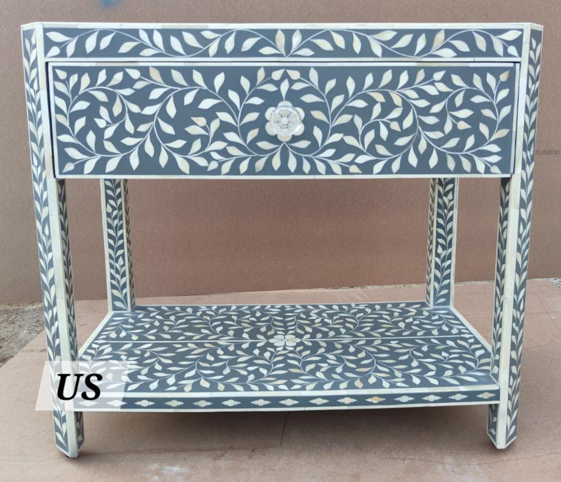 骨象嵌ベッドサイドテーブル（棚付き）ブルー、骨象嵌ナイトスタンド