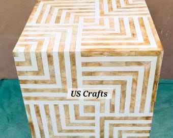Bone Inlay Handmade Cube Shape Geometric Pattern Side Table, Bone Inlay Handmade Cube Shape Geometric Pattern End Table, Cube shape table