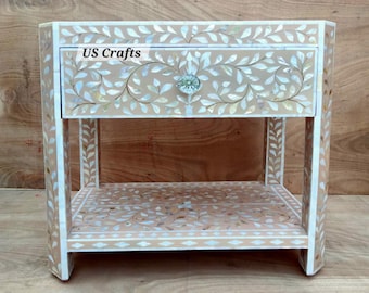 Mother of pearl inlay Pink Bedside with 1 Drawer 1 shelf, Mother of pearl Inlay Pink Nightstand with 1 Drawer 1 shelf, Handmade Side table