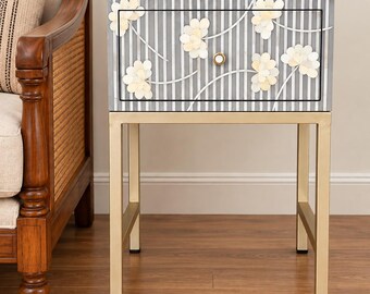Bone Inlay Motif Flower Design Bedside Table Grey, Bone Inlay Motif Flower Design Night Stand Table Grey