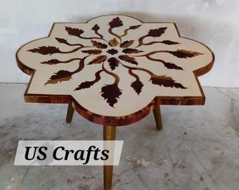 Handmade Wood Inlay floral Coffee table, wood inlay round center table, wood inlay floral pattern side table