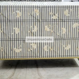 Bone Inlay flowers Design Chest of 6 Drawers Grey, Bone Inlay flowers Design Dresser,Grey Bone Inlay Chest, Chest of 6 Drawers Dresser