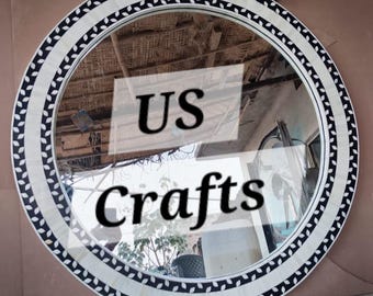 Handmade Bone Inlay Round Mirror Frame Black, Handmade Bone Inlay Floral Mirror, Livingroom Mirror,Bone inlay Round Mirror,