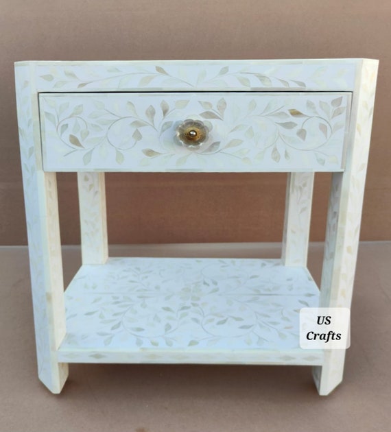 Bone Inlay Bedside Table With Shelf white, Bone Inlay Nightstand Table With Shelf White, Bone Inlay Storage Unit