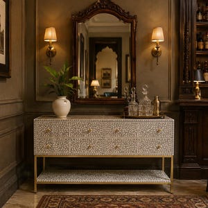 May include: A rectangular console table featuring a gray and white floral inlay pattern across six drawers and a lower shelf. The piece is supported by a gold-toned metal frame and includes small gold knobs on each drawer front for opening.