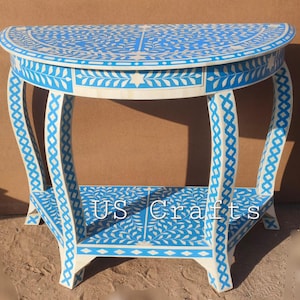 Bone Inlay floral pattern half round console Table with Single Drawer blue, Handmade Bone Inlay leaf pattern blue color Demilune shape Desk