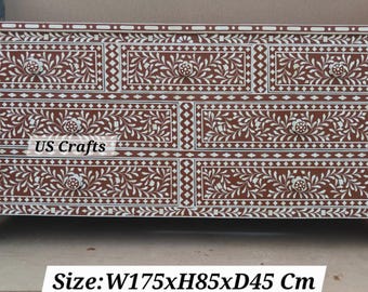 Bone Inlay Floral Design Chest of 7 Drawers Brown, Bone Inlay Floral Design Dresser Table Brown, Bone Inlay 7 drawers sideboard brown