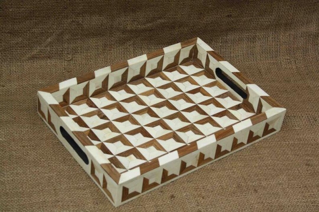 Wooden Inlay Tray Wood Inlay Geometric Design Platter Etsy