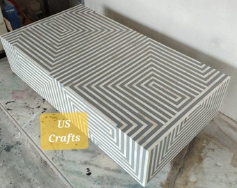 Bone Inlay Stripe Design Middentafel Grijs, Bone Inlay Stripe Design Salontafel grijs, Bone Inlay Conversatietafel