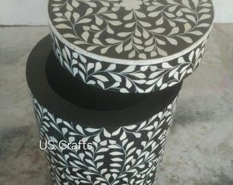 Bone Inlay Round Drum for Storage,Bone inlay handmade round storage table