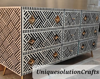 Bone Inlay Optical Design 9 Drawers Chest of Drawers Black, Bone Inlay Optical Design 9 Drawers Dresser Table, Storage Unit