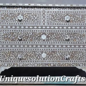 Mother of Pearl Inlay Chest of 4 Drawers warm stone color, Mother of pearl inlay Dresser warm stone color, Living Room inlay furniture