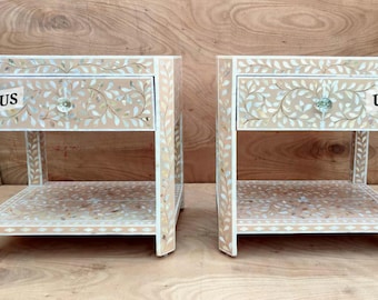 Handmade Mother of Pearl Inlay Pink Bedside Table With Shelf set of 2, Mother of pearl Inlay Pink Nightstand Table With Shelf set of 2