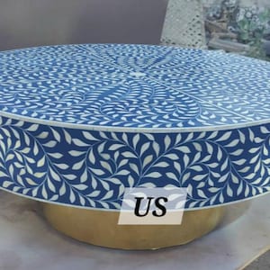 Bone Inlay Floral Design Coffee Table Indigo Blue, Bone Inlay Floral Design Center Table, Bone Inlay Round Coffee Table