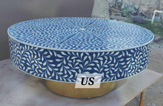 骨象嵌フローラルデザインコーヒーテーブル（インディゴブルー