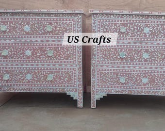 Handmade Mother of Pearl Chest of 3 Drawers Floral Design in Pink,Mother of Pearl inlay Dresser pink,Mother of pearl handmade furniture pink