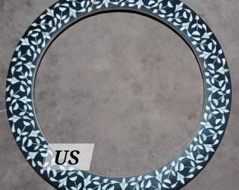 Bone Inlay Round Mirror Frame Black, Handmade Bone Inlay Floral Mirror Frame Black, Bone inlay bathroom mirror,Livingroom mirror