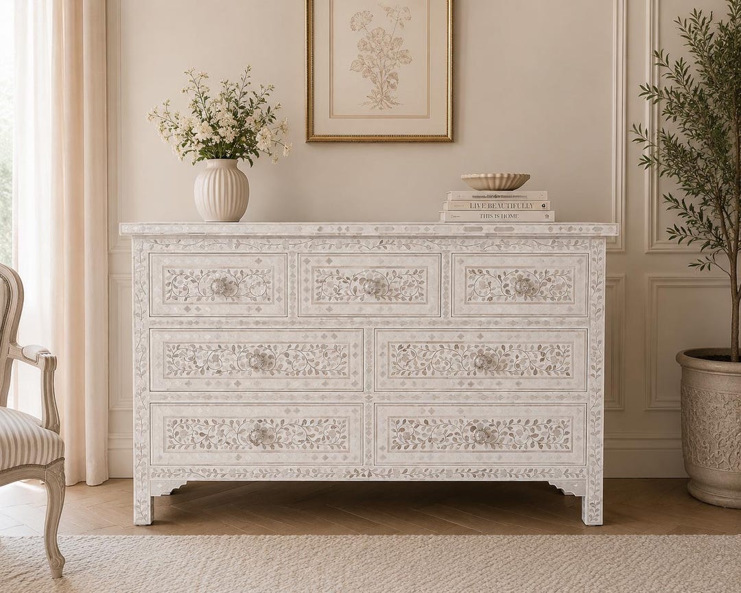 Mother of Pearl Inlay 7 Drawer Dresser White, Mother of Pearl Chest of Drawer,white,livingroom Furniture