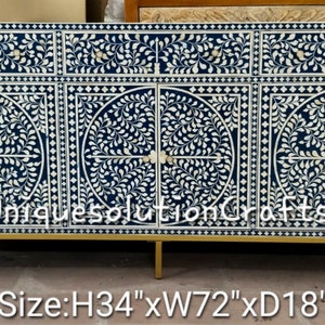 Bone Inlay 3 Drawers and 6 Doors console Cabinet Floral Leaf in Navy Blue, Bone Inlay Cupboard, Bone Inlay Sideboard, Bone Inlay Furniture