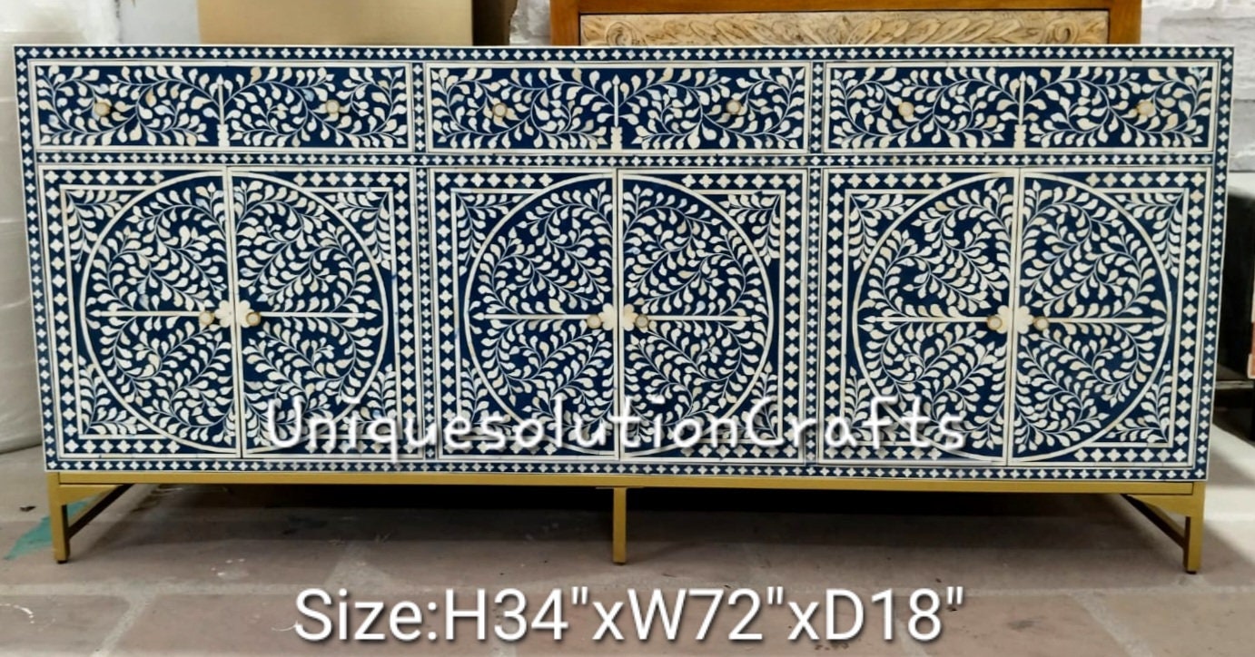 Bone Inlay 3 Drawers and 6 Doors console Cabinet Floral Leaf in Navy Blue, Bone Inlay Cupboard, Bone Inlay Sideboard, Bone Inlay Furniture