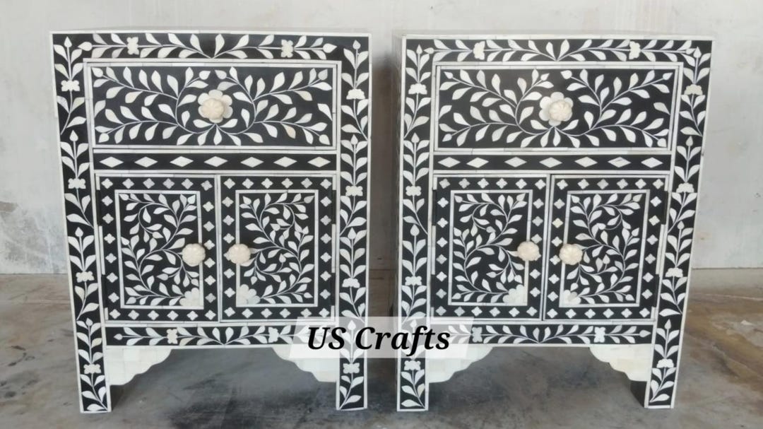 Bedside Table Patterned Bone Inlay Floral Pattern Bedside Table Black Set of 2, Bone Inlay ...