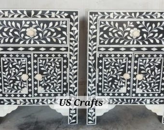 Bone Inlay Floral pattern Bedside Table Black Set of 2, Bone Inlay Floral Design Nightstand Table Black Set of 2, BoneInlay Side table Black