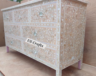 Mother of Pearl Inlay Handmade Pink Chest of 7 Drawers, Handmade Mother of Pearl Inlay Pink Dresser,Mother of Pearl Inlay Handmade Sideboard