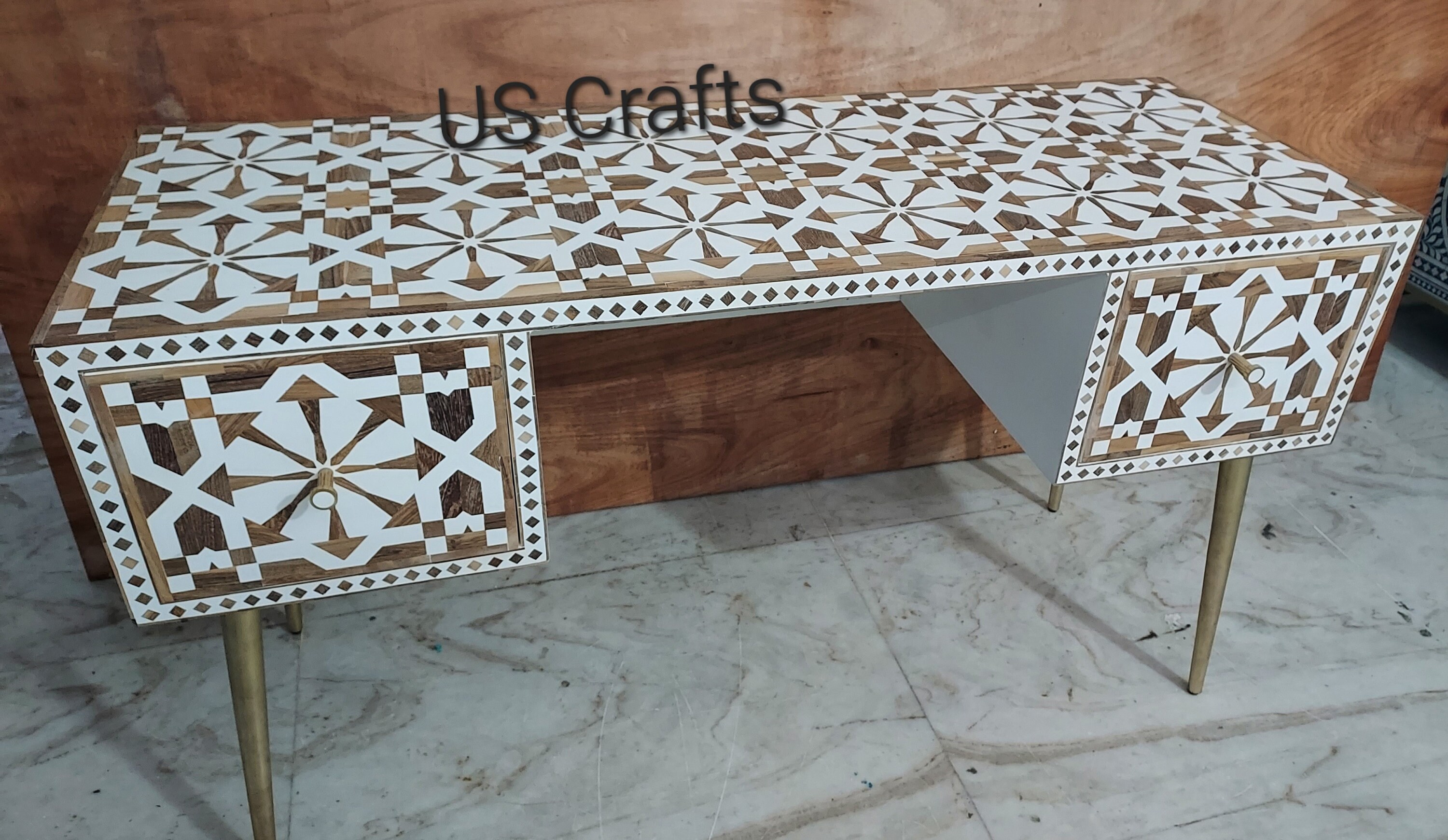 Wood Inlay Work Desksustainable Wood Inlay Table Consolewood Etsy